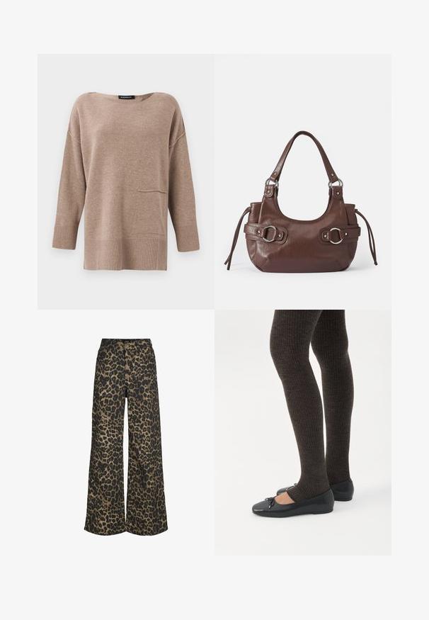 Pull en tricot marron avec un col large, des manches trois-quarts, un ourlet côtelé et un détail de poche à l'avant. Texture douce et coupe décontractée.; Pantalon à jambes larges avec un imprimé léopard marron et noir sur toute la surface, fermeture à l'avant par boutons et zip.; Jambes portant des leggings côtelés foncés associés à des ballerines noires avec de petits détails en nœud sur fond blanc.; Sac à main en cuir marron de forme arrondie, avec quincaillerie argentée, deux anses latérales et une texture lisse. Dispose d'une seule poignée supérieure.