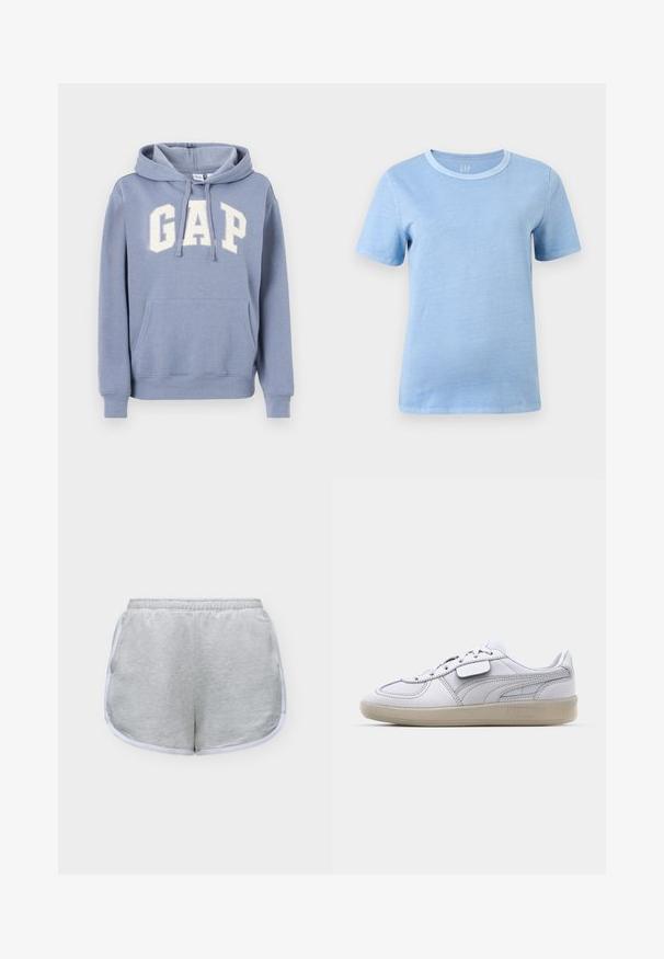 Sweat à capuche bleu clair avec poche avant et logo blanc "GAP" sur la poitrine, doté d'une capuche à cordon et de poignets et ourlet côtelés.; T-shirt bleu clair à manches courtes et col rond, avec un col bleu légèrement plus foncé, présenté sur un fond blanc uni.; Short de sport gris clair avec bordure blanche et taille élastique, posé à plat sur un fond blanc.; Baskets blanches en cuir avec des accents gris, fermeture à lacets et semelle en caoutchouc texturée. Présente un logo bien en vue sur le côté.
