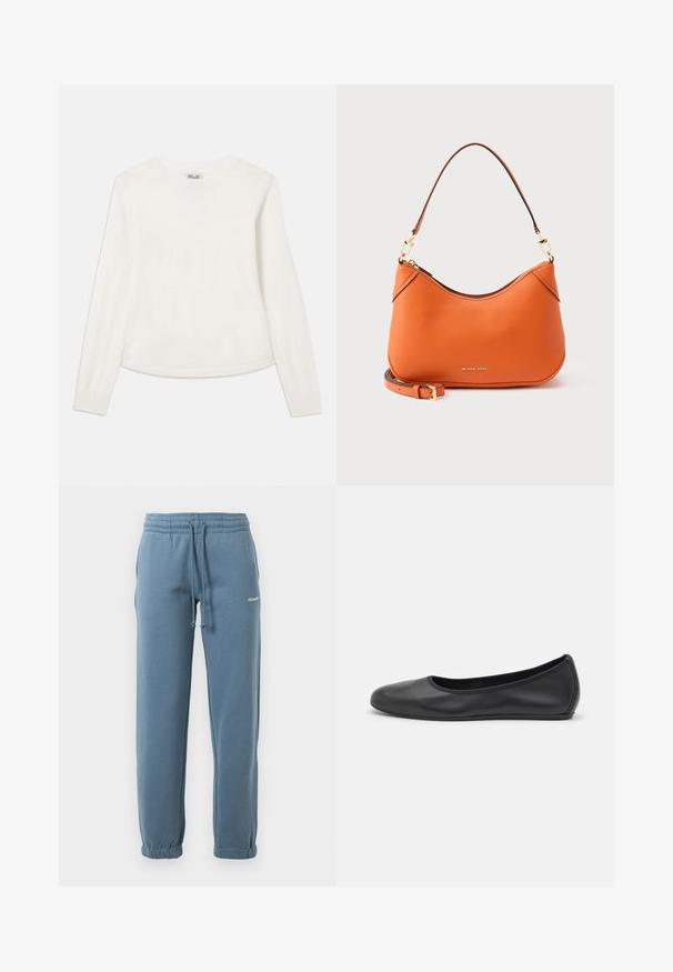 Pull blanc à manches longues en tricot doux. Il présente un col rond et un logo brodé discret sur la poitrine. Coupe légèrement ample.; Pantalons joggers bleu à taille élastique avec cordon de serrage ajustable, poches latérales, poignets élastiques et petit logo blanc sur la cuisse gauche.; Ballerines en cuir noir avec un bout rond, texture lisse, détails de couture minimalistes et design de semelle flexible.; Sac à main en cuir orange Michael Kors avec une courte bandoulière et une sangle fine amovible supplémentaire, ferrures dorées et fermeture éclair.