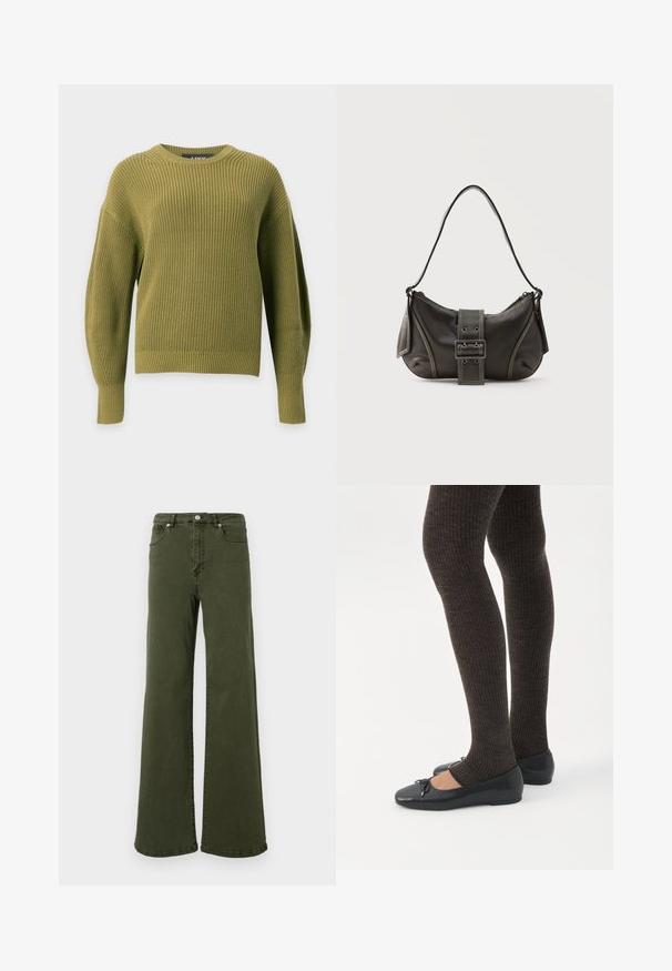 JJXX JXMILA TWIST CREW NECK - Striktrøje - green moss; Olivengrønne flared jeans lavet af bomuld, med høj talje, fem lomme-design, metalknap og stikninger langs sømmene.; Ben iført mørke ribbede leggings kombineret med sorte balletsko med små sløjfedetaljer på hvid baggrund.; Sort læder skuldertaske med spænde på remmen, afrundede kanter og kontrasterende hvide syninger på en ensfarvet baggrund.