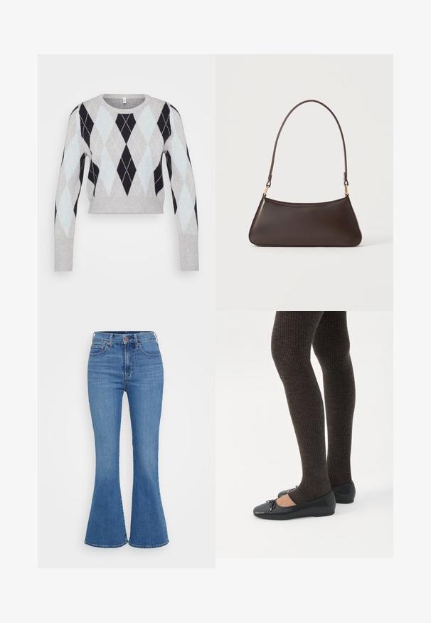 Lichtgrijze cropped trui met een zwart en lichtblauw ruitpatroon. Heeft lange mouwen en een klassieke ronde hals. Zachte textuur.; Lichtblauwe flared jeans met een hoge taille, gemaakt van denim. Kenmerken zijn onder andere twee voorzakken en een knoopsluiting bij de taille.; Benen met donkere geribbelde leggings gecombineerd met zwarte ballerina's met kleine strikdetails op een witte achtergrond.; Donkerbruine leren handtas met een gebogen bovenrits en een dunne schouderriem met gouden sluitingen op een effen achtergrond.
