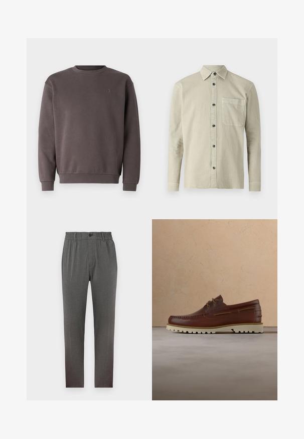 Grijs katoenen sweatshirt met een ronde hals, geribde manchetten en zoom. Bevat een klein, ton-sur-ton logo op de borst. Zachte textuur.; Langsleeve blouse in lichtbeige stof. Heeft een puntige kraag, een borstzak en zwarte knopen. Eenvoudig, gestructureerd ontwerp.; Grijze broek met een tailor-made design, voorzien van een elastische tailleband, knoopsluiting en rechte pijpen; gemaakt van zachte, gestructureerde stof.; Bruine leren casual veter schoen met crèmekleurige rubberen zool hangt boven een beige tapijt in de buurt van een houten salontafel met boeken.
