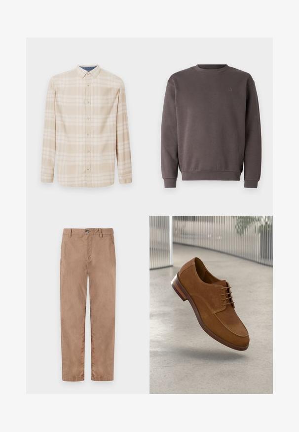Grauer Baumwoll-Sweatshirt mit rundem Ausschnitt, gerippten Bündchen und Saum. Mit kleinem, tonal gehaltenem Logo auf der Brust. Weicher Stoff.; Beige Karo-Hemd mit langen Ärmeln, einer Button-Down-Kragen, Vorderknöpfen und subtilen blauen Akzenten am Halsauschnitt. Hergestellt aus weichem Stoff.; TOM TAILOR REGULAR WASHED - Chino - caribou beige; Braunes Wildleder-Dressschuh mit abgerundetem Zeh, Schnürdesign und Holzabsatz. Verfügt über eine glatte Textur und dezente Nähte.