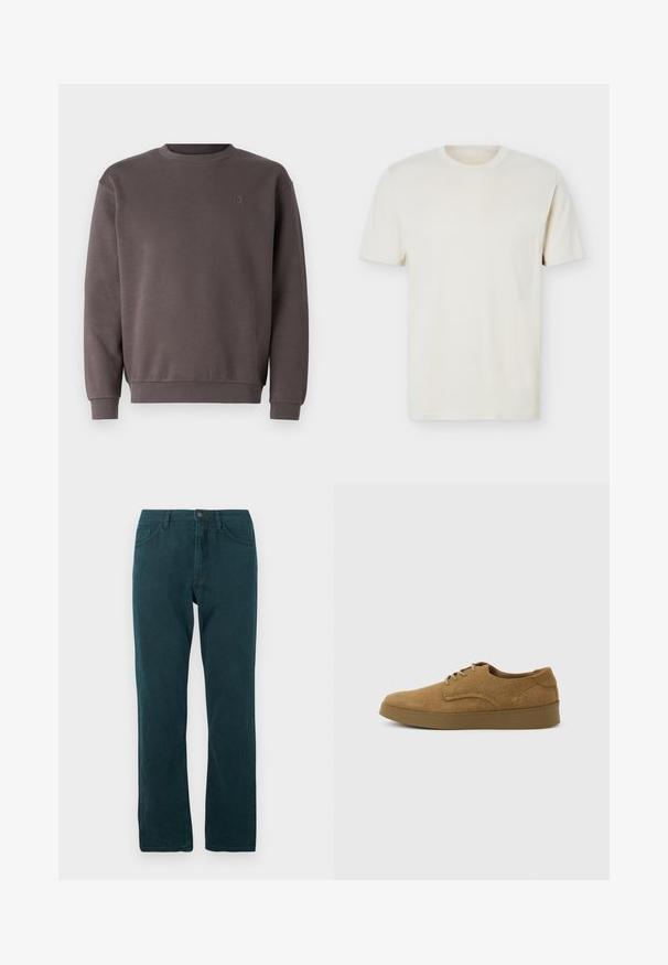 Sweat-shirt en coton gris avec un col rond, des poignets et un ourlet côtelés. Présente un petit logo ton sur ton sur la poitrine. Texture douce.; T-shirt à manches courtes couleur blanc cassé uni avec col rond et logo discret sur le côté gauche de la poitrine, présenté sur un fond blanc uni.; Jean droit bleu canard avec fermeture à bouton et zip à l'avant, poches avant et arrière, présenté à plat sur fond blanc.; Chaussure décontractée à lacets en daim marron avec semelle en caoutchouc plate, vue de côté sur un fond clair uni.