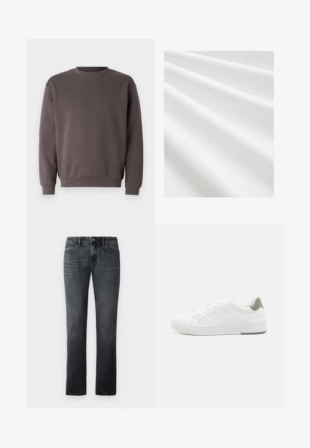 Grauer Baumwoll-Sweatshirt mit rundem Ausschnitt, gerippten Bündchen und Saum. Mit kleinem, tonal gehaltenem Logo auf der Brust. Weicher Stoff.; Baumwollstoff, weiße Farbe, glatte Textur mit subtilen Falten und Knicken. Gleichmäßige Oberfläche, leicht reflektierend, ohne Muster oder Akzente.; Dunkelgraue Straight-Leg-Jeans aus Denim, mit einem klassischen Fünf-Taschen-Design und einem Knopfverschluss an der Taille.; Weißer Sneaker aus glattem Leder, runde Zehenpartie, minimalistisches Design, graue Fersenkante und strukturierte Gummisohle.