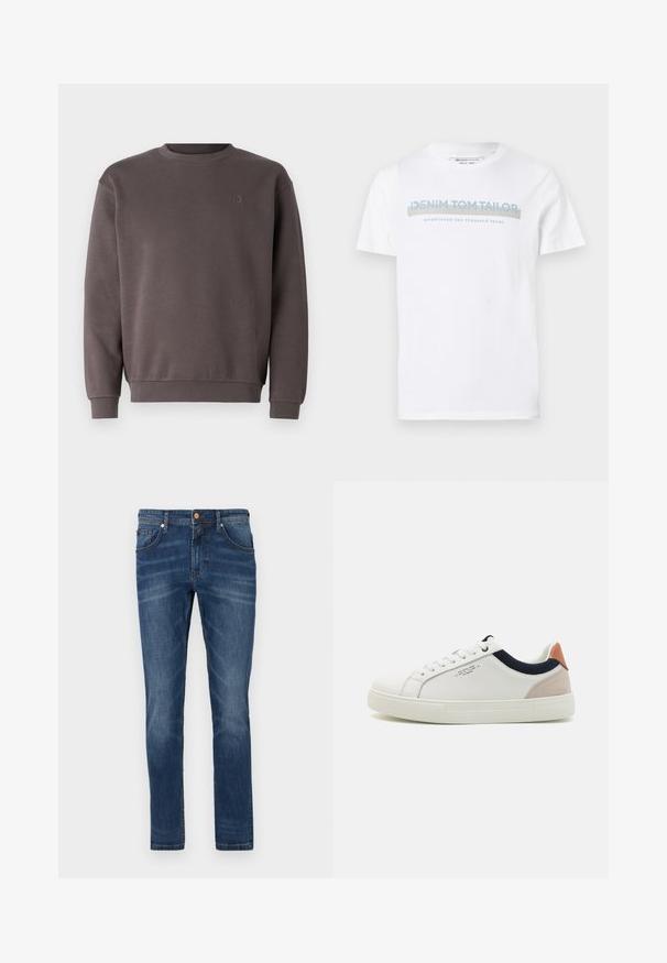 Grauer Baumwoll-Sweatshirt mit rundem Ausschnitt, gerippten Bündchen und Saum. Mit kleinem, tonal gehaltenem Logo auf der Brust. Weicher Stoff.; Weißes Baumwoll-T-Shirt mit Rundhalsausschnitt, kurzen Ärmeln und einem blauen Grafiktext-Design, das "DENIM TOM TAILOR gegründet 2007" lautet.; Dunkelblaue Jeans aus Denim mit geradem Bein, fünf Taschen, dezente Verwaschungen, kontrastierende Nähte und einem Knopfverschluss an der Taille.; Weiße Leder-Sneaker mit einem Low-Top-Design, marineblauem Stoffakzent am Kragen und einem hellrosa Wildleder-Hackenteil. Gummisohle.