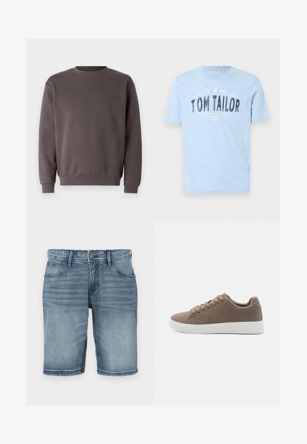 Sudadera de algodón gris con escote redondo, puños y dobladillo acanalados. Presenta un pequeño logotipo tonal en el pecho. Textura suave.; Camiseta de algodón azul claro con cuello redondo y mangas cortas. Tiene un texto impreso en negrita de color negro: "TOM TAILOR" y detalles adicionales de la marca.; Pantalones cortos de mezclilla en lavado azul claro, con un diseño clásico de cinco bolsillos, detalles de costura y pierna recta con un acabado dobladillo.; Zapatillas de ante marrón con suelas de goma blanca planas, diseño de cordones, punta redondeada y una textura suave. Estilo minimalista con sutiles detalles de costura.
