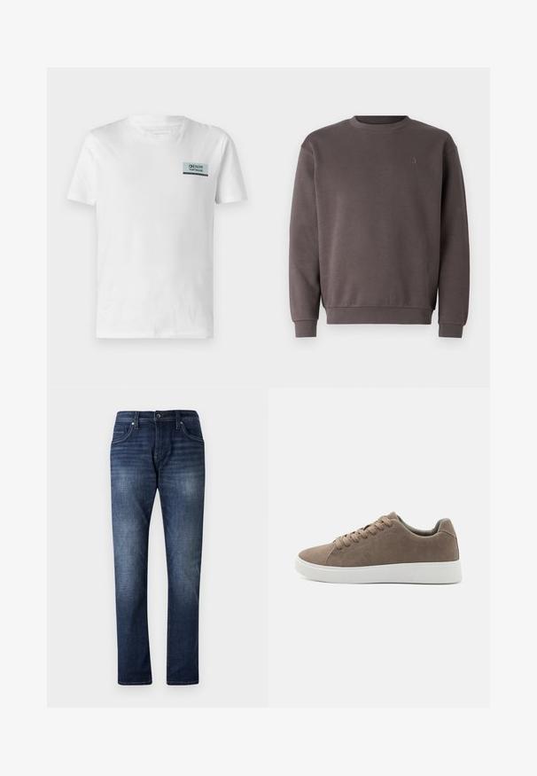 Sudadera de algodón gris con escote redondo, puños y dobladillo acanalados. Presenta un pequeño logotipo tonal en el pecho. Textura suave.; Camiseta de algodón blanca con un pequeño parche de logo azul y negro en el pecho. El diseño es simple, con cuello redondo y mangas cortas.; Jeans de mezclilla azul oscuro con un diseño de pierna recta, que presentan un lavado deslavado, cinco bolsillos y detalles de costura visibles a lo largo de las costuras.; Zapatillas de ante marrón con suelas de goma blanca planas, diseño de cordones, punta redondeada y una textura suave. Estilo minimalista con sutiles detalles de costura.