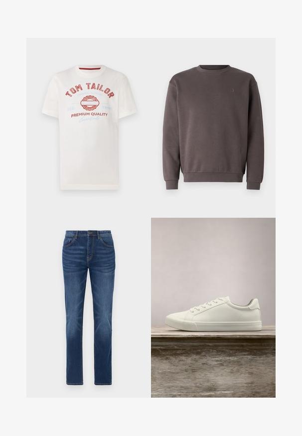 Grauer Baumwoll-Sweatshirt mit rundem Ausschnitt, gerippten Bündchen und Saum. Mit kleinem, tonal gehaltenem Logo auf der Brust. Weicher Stoff.; Weißes Baumwoll-T-Shirt mit rot-blauer Druckgrafik, das "TOM TAILOR" zeigt, ein rundes Logo und den Text "PREMIUM QUALITY" in verschiedenen Schriftarten.; Dunkelblaue Denim-Jeans mit klassischem gerade geschnittenem Schnitt, Fünf-Taschen-Design und leichtem Verblassen an den Beinen. Mit Knopf- und Reißverschluss.; Weiße Schnürsneaker, die über einer Holzbank mit grünem Laub im Hintergrund schweben und das Schuhdesign sowie die Textur zeigen.