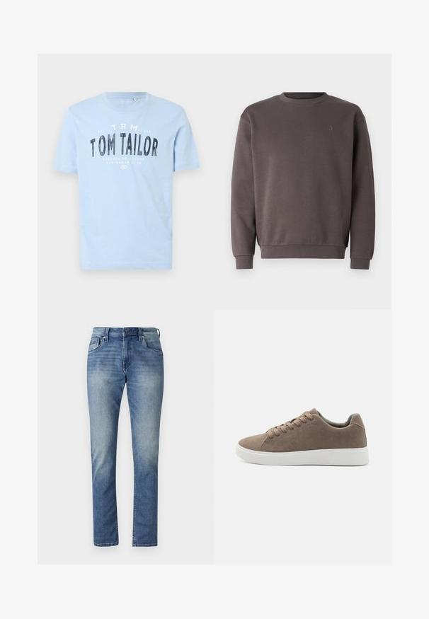 Grijs katoenen sweatshirt met een ronde hals, geribde manchetten en zoom. Bevat een klein, ton-sur-ton logo op de borst. Zachte textuur.; Lichtblauwe katoen t-shirt met een ronde halslijn en korte mouwen. Het heeft vetgedrukte zwarte tekst: "TOM TAILOR" en extra merkdetails.; Lichtblauwe denim jeans met een rechte snit, vijf zakken en een vervaagde wassing. Heeft een knoopsluiting en riemlussen.; Bruine suède sneakers met platte witte rubberen zolen, vetersluiting, ronde neus en een gladde textuur. Minimalistische stijl met subtiele stikdetails.