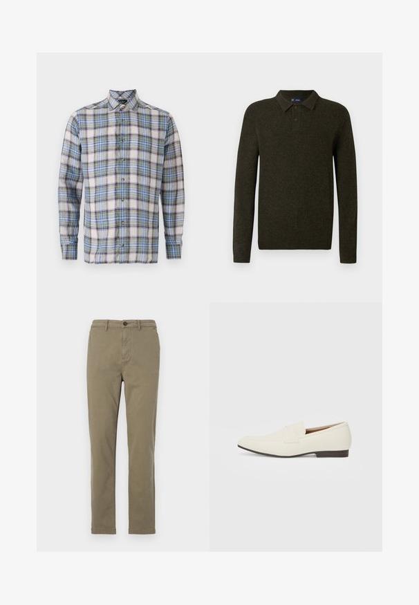 Grøn langærmet polo sweater med struktureret finish, to knaplukninger og ribstrikkede manchetter. Enkel, klassisk design der er velegnet til afslappet brug.; Skjorte med tern i hvide, blå, grønne og lilla nuancer. Har en klassisk krave, lange ærmer og knapper foran. Letvægtsstof.; Oliven grønne bomulds chinos med lige ben, frontknaplukning og sidelommer. Glat tekstur og minimal detaljering.; Lys beige loafers med spids tå, glat materiale, en rem over vampen og en lav brun sål. Simpelt design med minimale detaljer.