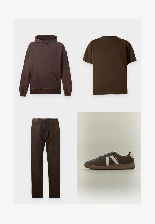 Brauner Kapuzenpullover aus Baumwolle mit Kängurutasche auf der Vorderseite, gerippten Bündchen und lockerem Schnitt.; Braunes T-Shirt mit kurzen Ärmeln und Rundhalsausschnitt, schlichtes Design, auf weißem Hintergrund dargestellt.; Braune Denim-Jeans mit leicht abgenutzter Struktur, gerade Beinform, fünf Taschen und einem Knopfverschluss an der Taille.; Brauner Wildleder-Sneaker mit weißen Streifen, weißem Fersen-Patch, Gummisohle und dem Text "JACK & JONES" an der Seite, im Profil auf einfarbigem Hintergrund gezeigt.