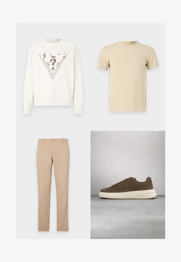 Cremefarvet sweatshirt med rund hals og raglanærmer. Har en stor trekantet grafik i mørkegrå med slidt skrift og accenter.; Beige bomulds t-shirt med rund hals, korte ærmer og et lille rødt trekantet logo på venstre bryst. Enkel design, blød tekstur.; Beige bukser lavet af bomuld med lige ben, der har en frontknaplukning, sidelommer og subtile teksturdetaljer.; Brune ruskinds sneakers med en cremet gummisål, flade snørebånd og et logo på siden. Letvægtsdesign og glat tekstur.