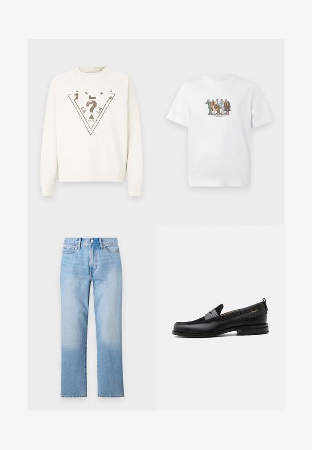 Cremefarvet sweatshirt med rund hals og raglanærmer. Har en stor trekantet grafik i mørkegrå med slidt skrift og accenter.; Hvid T-shirt med illustration af fem forskellige mænd i jakkesæt, der går selvsikkert side om side, mens de holder på aktetasker og telefoner.; Lys blå denim jeans med lige ben-design, der har en falmet vask, standard fem-lomme styling og en klassisk knaplukning.; Sort læderloafer med grå remdetalje, lav hæl og tekstureret sål, mærket med "HUGO" i guld på siden.