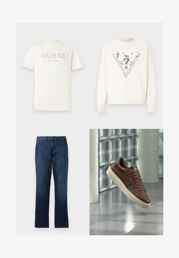 Sweatshirt crème avec col rond et manches raglan. Présente un grand graphique triangulaire en gris foncé avec des lettres et des accents usés.; T-shirt blanc à manches courtes en coton doux, ornée d'un logo en relief "GUESS" et "EST. 1981" en beige clair sur le devant.; Jean en denim bleu foncé avec une coupe droite, doté d'une fermeture à bouton à l'avant et d'un style standard à cinq poches. Texture lisse et poids moyen.; Baskets en cuir marron avec semelle et lacets beige, affichant le logo "GANT", positionnées au-dessus d'un sol gris réfléchissant avec un mur en blocs de verre en arrière-plan.