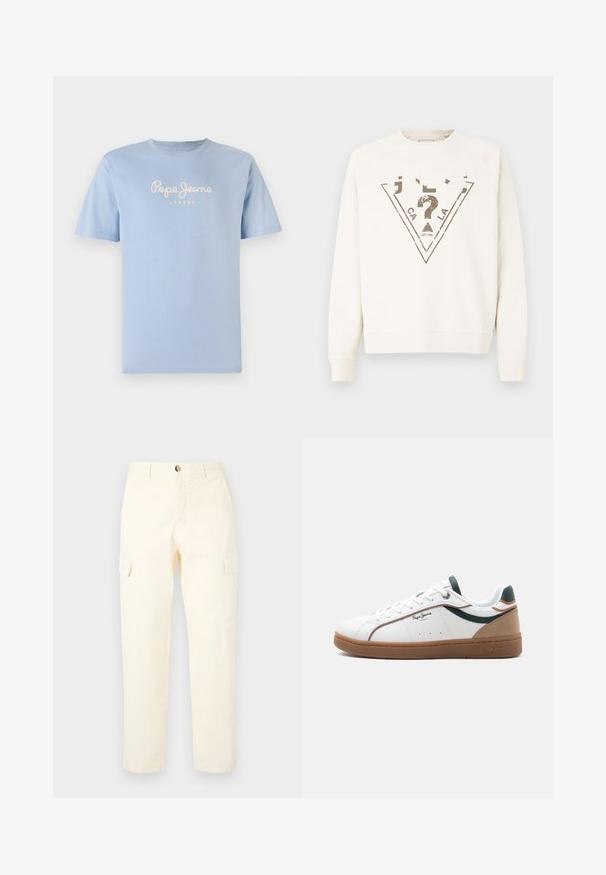 Cremefarvet sweatshirt med rund hals og raglanærmer. Har en stor trekantet grafik i mørkegrå med slidt skrift og accenter.; Lyseblå bomulds t-shirt med rund halsudskæring og korte ærmer. Den viser "Pepe Jeans London" i hvid skriveskrift hen over brystet.; Lys gule cargobukser lavet af bomuld, med sidelommer og lige ben design, med en knaplukning i taljen.; Hvid lavtop sneaker med brun sål, grønne og beige accenter, hvide snørebånd og "Pepe Jeans London"-logo på siden.