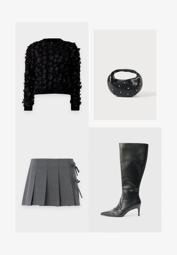 Sort cropped sweater i tekstureret stof prydet med tredimensionelle blomsterapplikationer, rund hals og ribbede manchetter.; Grå plisseret mininederdel i et struktureret stof med bindelukning på den ene side og en glat linning for øget komfort.; Sorte knæhøje støvler i læder med en slank hæl, spids tå og remdetaljer ved anklen. Glat tekstur og tætsiddende design.; Sort læderhåndtaske med en rundet form, dekoreret med sølvnitter, og et kort håndtag. Glat tekstur og lynlåslukning.