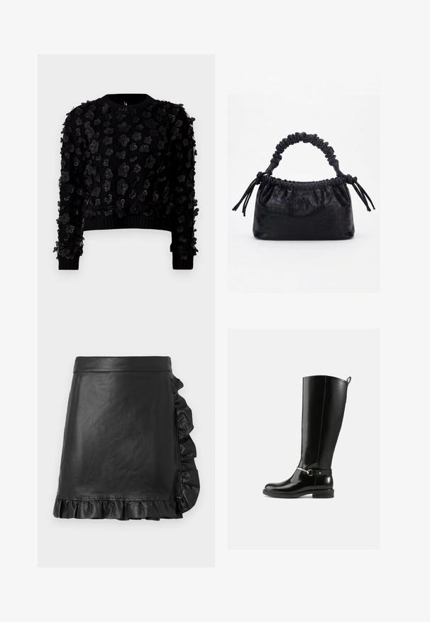Sort cropped sweater i tekstureret stof prydet med tredimensionelle blomsterapplikationer, rund hals og ribbede manchetter.; Sort læder mini nederdel med en glat overflade. Har en rynket kant langs højre side og en struktureret talje.; Sorte knæhøje støvler lavet af blankt læder med en sølvfarvet spænde ved anklen og rundet snude. Flad sål.; Sort taske med krokodilletekstur, rynket øverste kant, samlet hank og snore med kvaster på hver side mod en hvid baggrund.