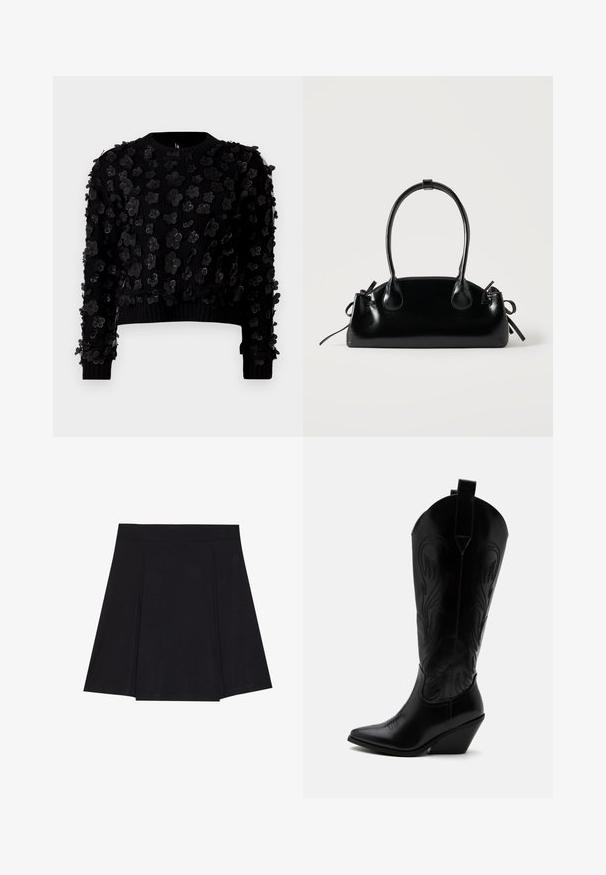 Sort cropped sweater i tekstureret stof prydet med tredimensionelle blomsterapplikationer, rund hals og ribbede manchetter.; Sort skater nederdel lavet af blødt stof, med en tætsiddende talje, plisseringer foran og en vidde, knælang kant.; Sort læder cowboystøvle med spidst tåparti, skråt blokhælhæl, dekorative sømme og trækstropper øverst mod hvid baggrund.; Lille sort blank håndtaske med to lange håndtag og snøre-detaljer i siden på en ensfarvet lys baggrund.