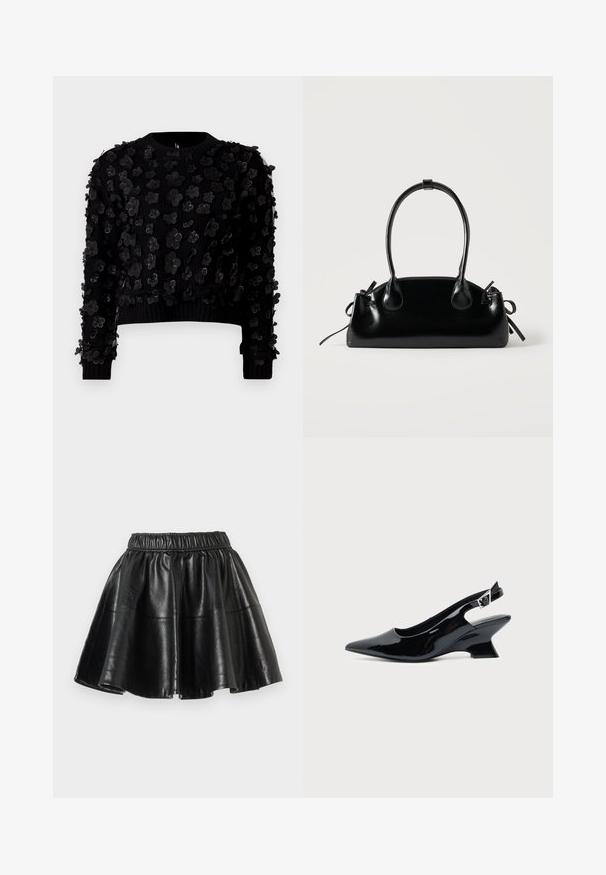 Sort cropped sweater i tekstureret stof prydet med tredimensionelle blomsterapplikationer, rund hals og ribbede manchetter.; Sort faux læder flared nederdel med elastisk talje og synlige sømme på en ensfarvet hvid baggrund.; Sort laklæder slingback sko med spids tå og lav vinklet blokhæl på ensartet lys baggrund.; Lille sort blank håndtaske med to lange håndtag og snøre-detaljer i siden på en ensfarvet lys baggrund.