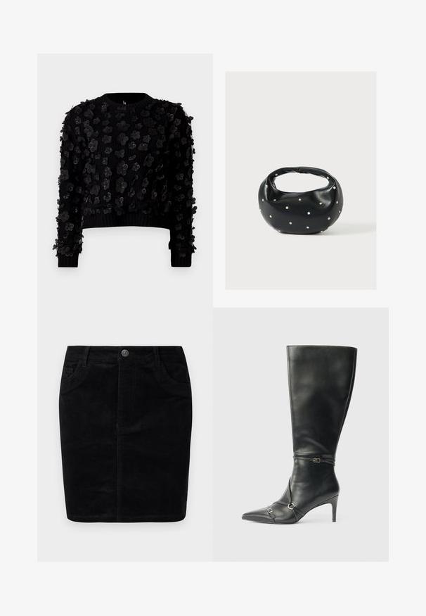 Pull cropped noir en tissu texturé agrémenté d'appliqués floraux tridimensionnels, avec col rond et poignets côtelés.; Jupe en velours côtelé noir avec une coupe droite, fermeture à boutons, poches avant, texture ribbée et finition mate.; Bottes noires en cuir montant jusqu'au genou, avec un talon fin, un bout pointu et des détails de lanière à la cheville. Texture lisse et design ajusté.; Sac à main en cuir noir de forme arrondie, décoré de clous argentés et équipé d'une poignée courte. Texture lisse et fermeture éclair.