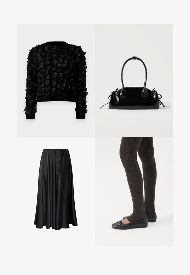 Sort cropped sweater i tekstureret stof prydet med tredimensionelle blomsterapplikationer, rund hals og ribbede manchetter.; Sort maxiskirt lavet af glat stof, med en elastisk talje, fuld silhuet og en flydende kant uden synlige mønstre eller detaljer.; Ben iført mørke ribbede leggings kombineret med sorte balletsko med små sløjfedetaljer på hvid baggrund.; Lille sort blank håndtaske med to lange håndtag og snøre-detaljer i siden på en ensfarvet lys baggrund.