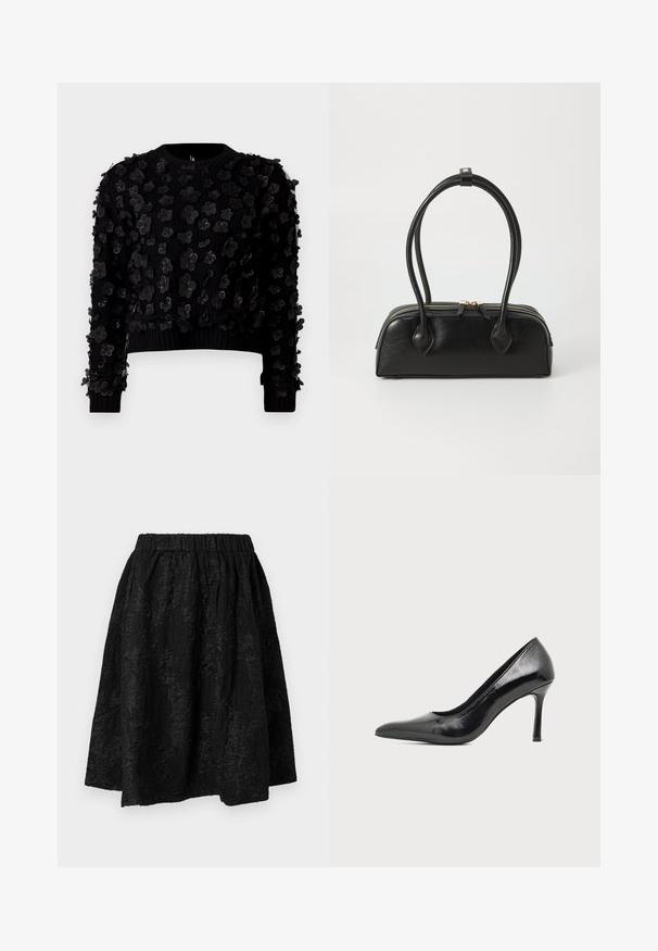 Suéter negro corto con tela texturizada adornada con aplicaciones florales tridimensionales, cuello redondo y puños acanalados.; Falda negra con cintura elástica, con patrones florales texturizados. La tela parece ligera y ligeramente arrugada.; Zapato de tacón alto de mujer en piel negra patentada, con punta puntiaguda y tacón delgado, sobre un fondo claro y liso.; Bolso de mano de cuero negro con dos asas alargadas, cierre de cremallera y forma redondeada; textura suave con un acabado ligeramente brillante.