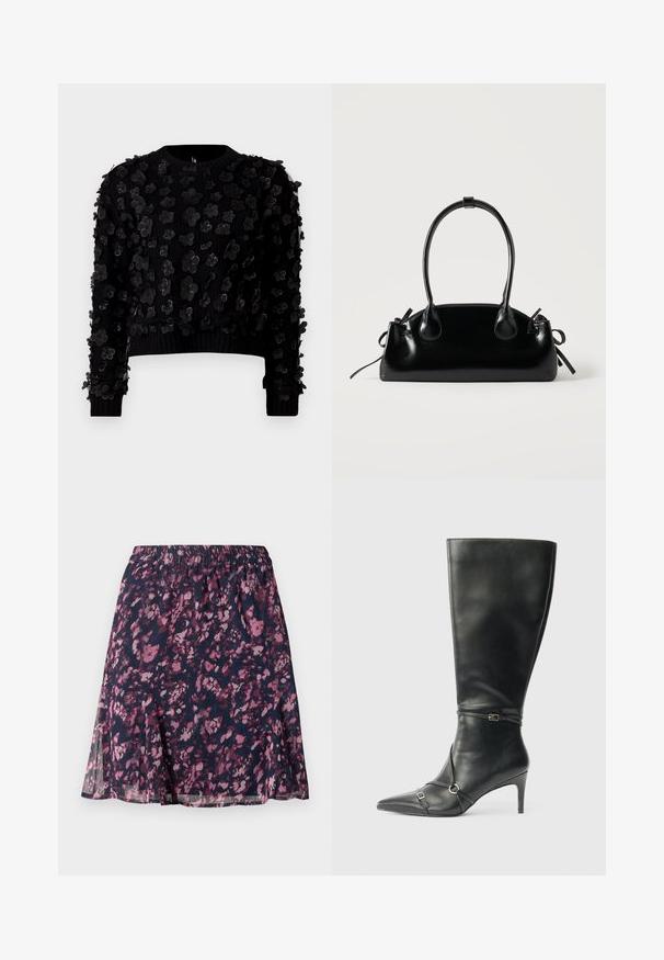 Suéter negro corto con tela texturizada adornada con aplicaciones florales tridimensionales, cuello redondo y puños acanalados.; Falda marina con cintura elástica, que presenta un patrón abstracto de flores en tonos rosa y púrpura, y un dobladillo ligeramente acampanado.; Botas negras de cuero hasta la rodilla con tacón delgado, punta afilada y detalles de diseño con correas en el tobillo. Textura suave y diseño ajustado.; Pequeño bolso negro brillante con dos asas largas y detalles de cordón lateral sobre un fondo claro liso.