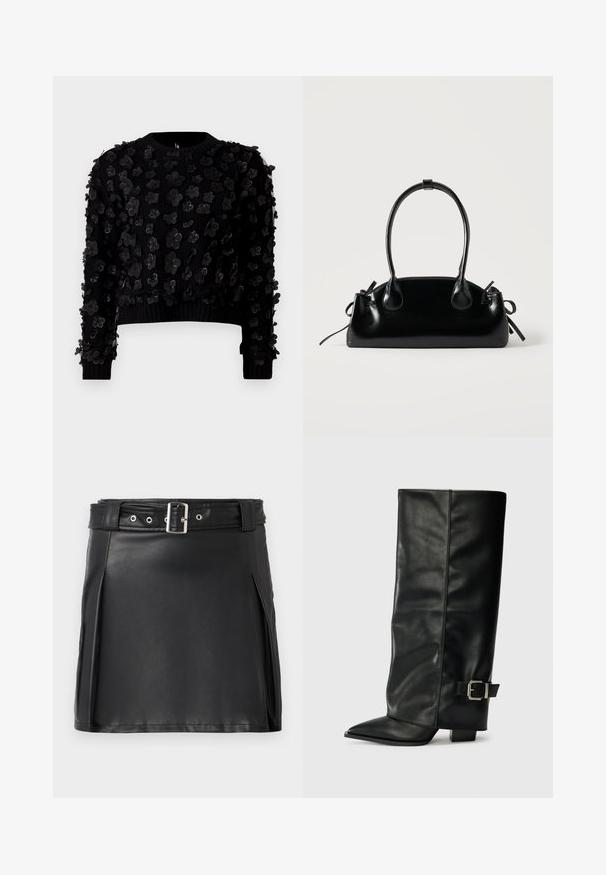 Sort cropped sweater i tekstureret stof prydet med tredimensionelle blomsterapplikationer, rund hals og ribbede manchetter.; Sort faux læder mini nederdel med en tætsiddende pasform, sidesyninger og et bælte med en sølvfarvet spænde og øjne. Glat tekstur, høj talje.; Sorte læder ankelstøvler i ankellængde med spids tå, glat tekstur og en sølvspændeaccents på siden. Kraftig firkantet hæl.; Lille sort blank håndtaske med to lange håndtag og snøre-detaljer i siden på en ensfarvet lys baggrund.