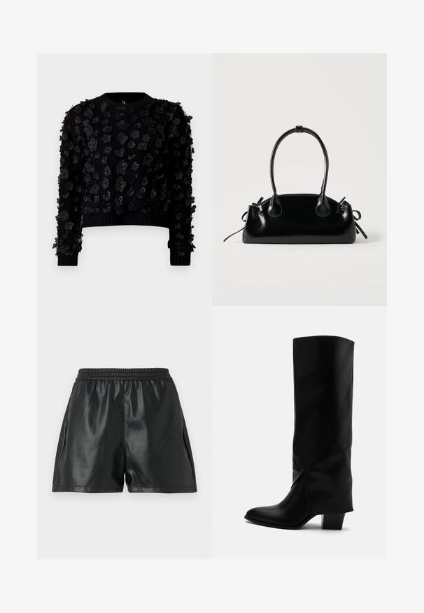 Sort cropped sweater i tekstureret stof prydet med tredimensionelle blomsterapplikationer, rund hals og ribbede manchetter.; Sorte shorts i kunstlæder med elastisk talje, der har en glat tekstur og løs pasform. Ingen synlige mønstre eller detaljer.; Høj sort læderstøvle med skråt syning, spids tå og kraftig mellemhøj hæl på hvid baggrund.; Lille sort blank håndtaske med to lange håndtag og snøre-detaljer i siden på en ensfarvet lys baggrund.