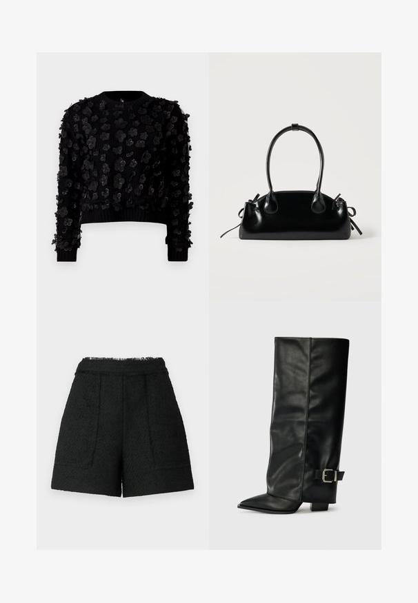 Sort cropped sweater i tekstureret stof prydet med tredimensionelle blomsterapplikationer, rund hals og ribbede manchetter.; Sorte shorts lavet af tekstureret stof med en frynset kant, der har to forlommer og en skræddersyet pasform.; Sorte læder ankelstøvler i ankellængde med spids tå, glat tekstur og en sølvspændeaccents på siden. Kraftig firkantet hæl.; Lille sort blank håndtaske med to lange håndtag og snøre-detaljer i siden på en ensfarvet lys baggrund.