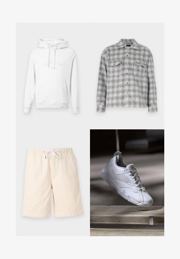 Haut à capuche gris en tissu doux, avec une poche kangourou, un cordon de serrage pour la capuche et un logo brodé discret sur la poitrine.; Chemise en flanelle à carreaux gris et blancs avec une texture douce, dotée d'une fermeture à boutons sur le devant, de deux poches poitrine et de manches longues.; Shorts en coton beige avec une coupe décontractée, une taille élastique et un cordon de serrage blanc. Comprend des poches latérales et une texture lisse.; Sneaker de sport blanche avec des panels en maille et des lacets, suspendu au-dessus d'un banc en béton dans une lumière douce et des ombres.