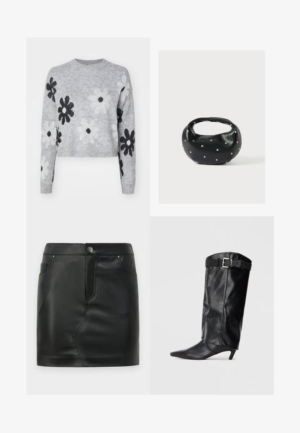 Pull en maille cropped gris clair avec des motifs floraux noirs et blancs, encolure ronde et poignets côtelés. Texture douce, design décontracté.; Mini-jupe en simili cuir noir avec un bouton à l'avant, fermeture éclair, poches avant et arrière, et détails de couture.; Botte noire en cuir, montante jusqu'au genou, avec un bout pointu et un petit talon. Présente une ceinture en haut avec une boucle en métal argenté. Texture lisse.; Sac à main en cuir noir de forme arrondie, décoré de clous argentés et équipé d'une poignée courte. Texture lisse et fermeture éclair.