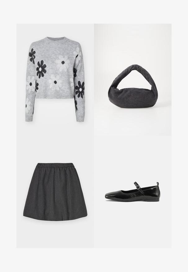 Lyst grå cropped striktrøje med sort og hvid blomstermønster, rund halsudskæring og ribbede manchetter. Blød tekstur, casual design.; Sorte stribede nederdel med elastisk talje, har lodrette hvide pinstriber, svajet design og glat tekstur. Velegnet til afslappet brug.; Sorte patentlæder flade sko med spidse tæer, en ankelrem med spænde og en glat, blank tekstur. Lav hæl for komfort.; Mørkegrå stofpose med et buet håndtag, blød tekstur og rund form. Ingen synligt hardware eller pynt.