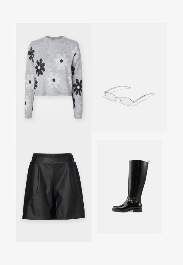 Lichtgrijze cropped gebreide trui met zwart-wit bloemenpatronen, ronde halslijn en ribgebreide manchetten. Zachte textuur, casual ontwerp.; Zwarte faux leren shorts met geplooide voorkant, brede pijpen en knoopdetails op de tailleband. Gladde textuur, op maat gemaakt ontwerp.; Zwarte kniehoge laarzen van glanzend leer, met een zilveren gespdetail op de enkel en een afgeronde neus. Platte zool.; Ovale brillen met een metallic zilveren montuur, heldere glazen en getextureerde kraalaccenten op de tempels. Lichtgewicht ontwerp met gebogen armen.