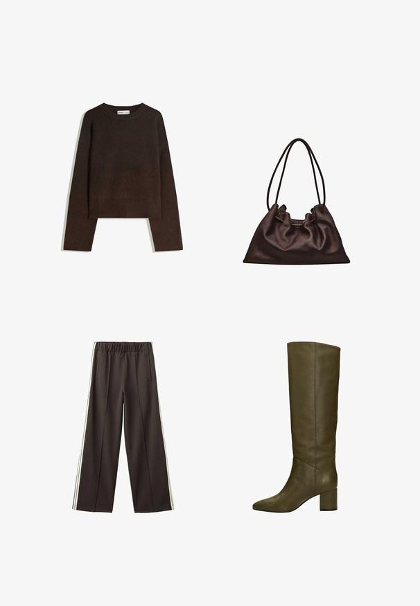Pull en maille marron avec un col arrondi, des épaules tombantes et des poignets et ourlet côtelés. Texture douce, coupe courte. Pas de motifs ni d'ornements visibles.; Pantalon noir à jambes larges avec taille élastique, poches latérales et bandes blanches sur les côtés. Tissu lisse avec une coupe ajustée.; Bottes en cuir vert olive, hautes, avec un bout pointu et un talon carré, présentant une texture lisse et des détails de couture minimalistes.; Sac à main en cuir brun foncé souple avec une forme flasque et deux fines bretelles sur fond blanc.