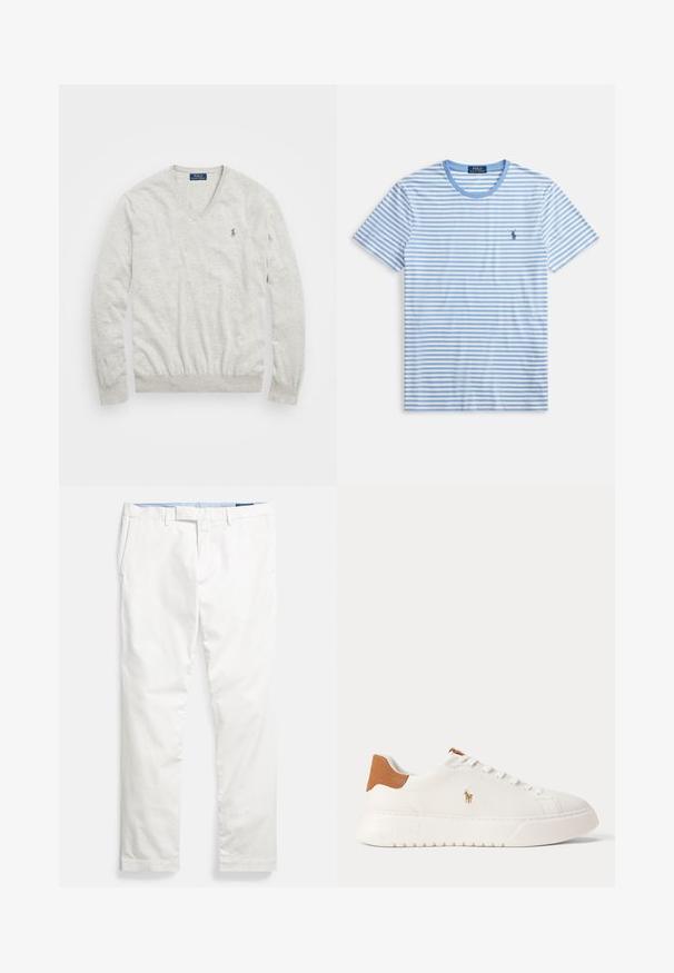 Helehall pikkade varrukatega V-kaelusega kampsun, mille vasakul rinnal on väike Polo Ralph Laureni logo tikitud.; Helehall-valge triibuline T-särk, lühikeste varrukatega, ümar kaelus, vasakul rinnal väike tikitud logo. Puuvillane materjal.; Valged puuvillased chinos-püksid, millel on lame eesmine osa, vööaasad, küljetaskud ja sile tekstuur, sinise sisemise vöörihmaga.; Valged madala säärega tossud, pruun kannaosa, valged paelad ja väike tikandiga polo mängija logo külje peal paksu taldmiku kohal.