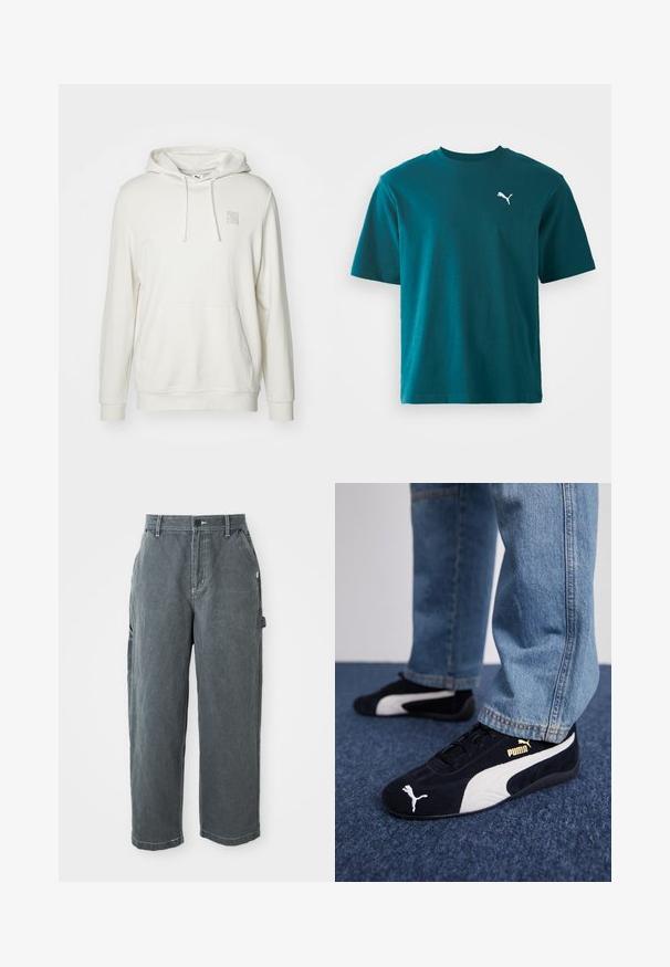 Lys beige hoodie lavet af en bomuldsblandingsmateriale. Har en kængurulomme, snoretrækslids og et lille logo-patch på brystet.; Teal bomulds t-shirt med korte ærmer, rund hals og et hvidt Puma-logo på venstre bryst; glat tekstur og regular fit.; Mørkegrå lige ben arbejdsbukser med bæltestropper, frontknap og lynlås, sidelommer og en hammerløkke på højre ben.; Sorte ruskinds sneakers med hvide detaljer og et guldlogo. Båret med lyseblå denimjeans og sat på en struktureret blå overflade.
