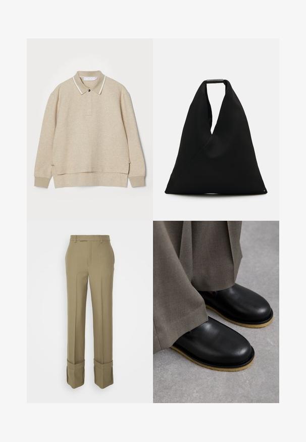 Beige polo sweatshirt med krave og knaplukning. Blød tekstur, sideslids og kontrasterende hvidt kantbånd omkring kraven.; BITE Studios TAILORED FOLD UP TROUSER - Bukser - green; Sorte lædersko med rund tå, flad sål og en kontrasterende lysebrun ydersål, parret med løse grå bukser.; Sort stof tote bag med et unikt V-formet design og en glat overflade. Har et kort håndtag med minimalistisch hardware detaljer.