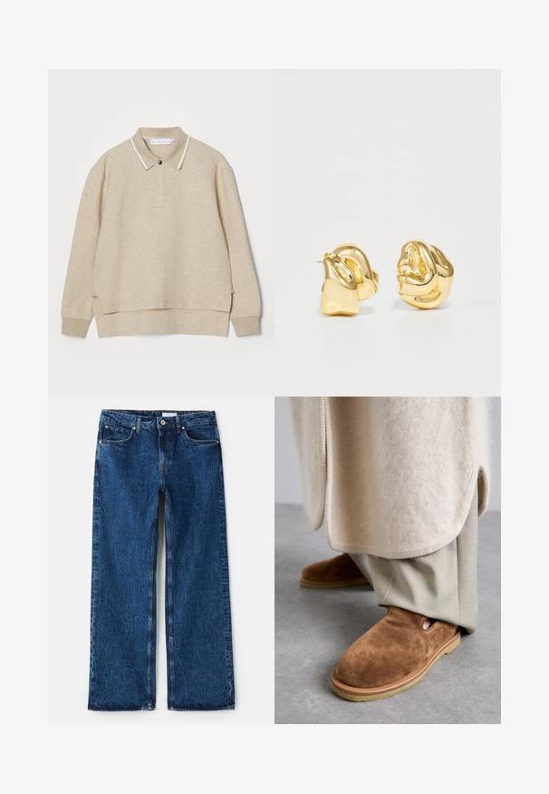 Beige polo sweatshirt med krave og knaplukning. Blød tekstur, sideslids og kontrasterende hvidt kantbånd omkring kraven.; Bredde ben jeans i mørkeblåt denim med en tekstureret overflade, der har fem lommer, metal nitter og en knaplukning.; Brune ruskinds slip-on sko med rund tå, gummisul, og detaljer med udskæring i siden, parret med lyse beige skræddersyede bukser.; Guldtonede metalstud øreringe med et skulpturelt, snoet design. Glat, blank overflade med en afrundet form og ingen synlige udsmykninger.