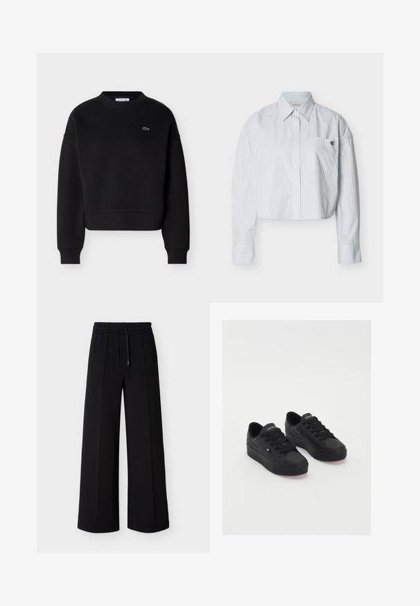 Zwarte crewneck trui met lange mouwen en klein wit geborduurd Lacoste krokodillenlogo op de linkerborst.; Korte blouse in lichtblauw met verticale witte strepen, voorzien van een borstzak en een klein logo aan de linkerkant.; Zwarte broek met brede pijpen gemaakt van zachte stof, voorzien van een elastische tailleband met trekkoord en zijnaden voor een ontspannen pasvorm.; Zwarte low-top sneakers van glad materiaal, met dikke veters, een gestructureerde zool en een klein logo aan de zijkant en op de tong.