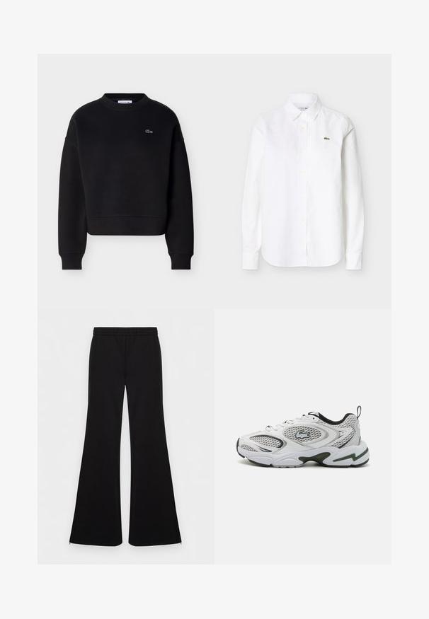 Sweat-shirt noir à col ras du cou avec manches longues et petit logo crocodile Lacoste brodé en blanc sur le côté gauche de la poitrine.; Chemise blanche à manches longues avec col et boutons, ornée d'un petit logo crocodile vert sur la poitrine gauche.; Pantalon noir évasé avec taille élastique et fermetures éclair aux chevilles, devant plat, tissu lisse, présenté sur un fond blanc uni.; Baskets blanches avec des panneaux en mesh, des accents noirs et une semelle texturée. Présente un design élégant et un logo bien en vue sur le côté.