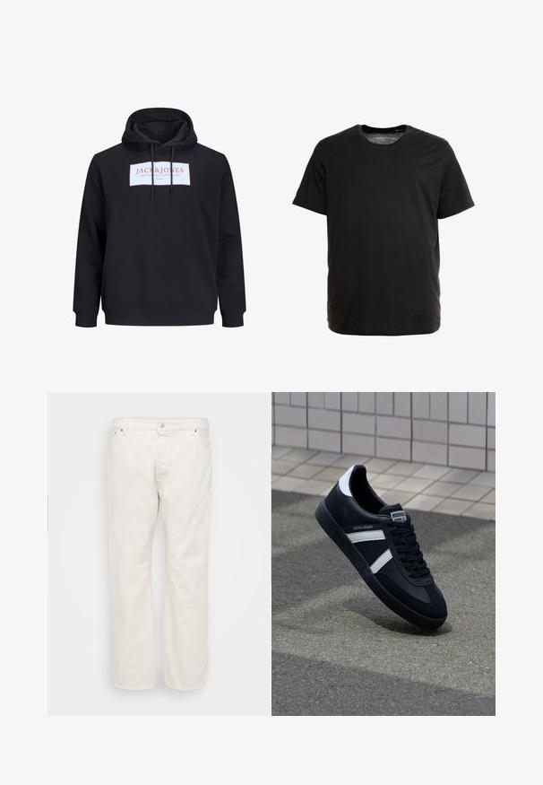 Sort hættetrøje med snore foran og et hvidt rektangulært logo med teksten "JACK & JONES Creative Dept. Copenhagen ©1990" i rødt.; Sort kortærmet t-shirt lavet af blødt stof, med rund hals og lige snit, uden synlige mønstre eller grafik.; Hvide denim jeans med lige ben, der har en knaplukning, bæltestropper og to sidelommer. Glat tekstur, minimal detaljering.; Sort lædersneaker med hvide striber, tekstureret gummisål og snørrebånd foran. Har et brandet mærke på tungen.
