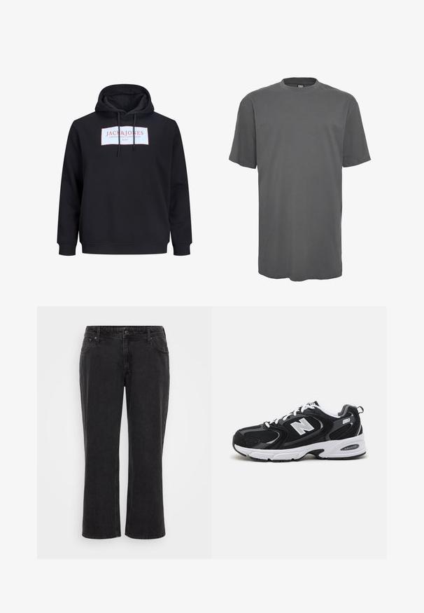 Sort hættetrøje med snore foran og et hvidt rektangulært logo med teksten "JACK & JONES Creative Dept. Copenhagen ©1990" i rødt.; Grå kortærmet T-shirt lavet af blødt bomuldsstof. Har en rund halsudskæring og en afslappet pasform med en lige kant.; Sort denim bredde-buks med lige snit, fem lommer, front knaplukning og kontrasterende syning.; Sorte og grå sportssko med mesh og ruskind på overdelen, der har en hvid mellemsål, snørebånd og et iøjnefaldende "N" logo på siden.