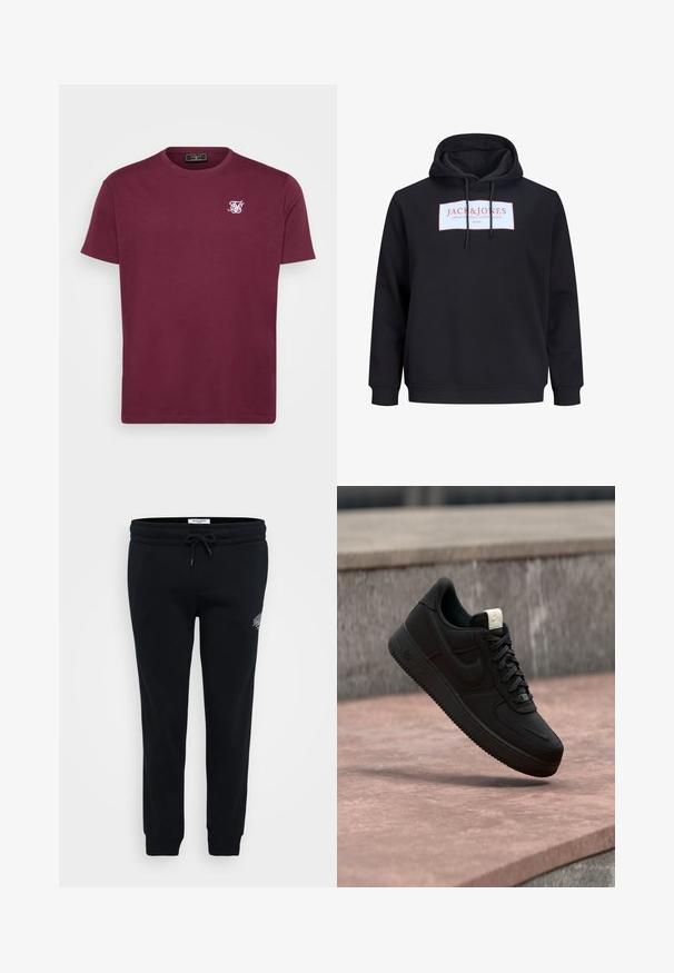 Musta huppari, jossa etuketjunnat ja valkoinen suorakaiteen muotoinen logo, jossa lukee punaisella tekstillä "JACK & JONES Creative Dept. Copenhagen ©1990".; Burgundy puuvillapaita, jossa on pyöreä kaula-aukko, lyhyet hihat ja pieni valkoinen logo vasemmassa rinnassa. Taipuisa materiaali ja klassinen istuvuus.; Mustat collegehousut pehmeästä kankaasta, joissa on joustava vyötärö, nyöri, sivutaskut ja pieni logo-yksityiskohta lantiossa.; Musta Nike Air Force 1 -lenkkari, joka leijuu vaaleanpunaisen betonireunuksen yläpuolella harmaan kiven taustalla ja näyttää sivu- ja yläpuolen yksityiskohtia.