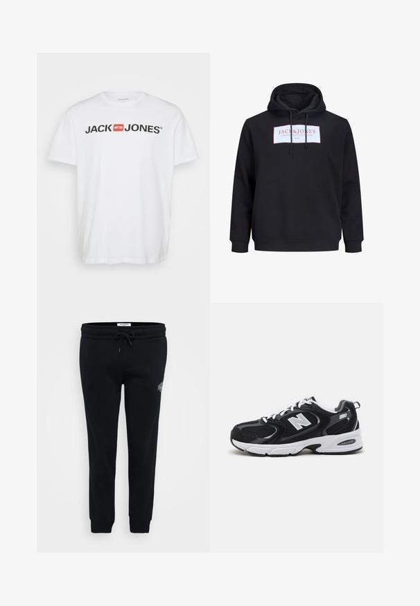 Sort hættetrøje med snore foran og et hvidt rektangulært logo med teksten "JACK & JONES Creative Dept. Copenhagen ©1990" i rødt.; Hvid bomulds T-shirt med "JACK & JONES" logo i sort med en rød rektangulær accent. Korte ærmer og rund hals. Glat tekstur.; Sorte sweatpants lavet af blødt stof, med elastisk talje, snor, sidelommer og en lille logo detalje på hoften.; Sorte og grå sportssko med mesh og ruskind på overdelen, der har en hvid mellemsål, snørebånd og et iøjnefaldende "N" logo på siden.