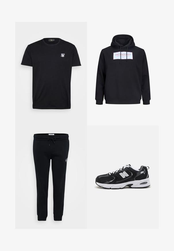 Schwarzer Hoodie mit vorderen Kordeln und einem weißen rechteckigen Logo mit der Aufschrift "JACK & JONES Creative Dept. Copenhagen ©1990" in rotem Text.; Schwarzes Baumwoll-T-Shirt mit kurzen Ärmeln, Rundhalsausschnitt und kleinem weißen gestickten Logo auf der linken Brust. Einfaches und klassisches Design.; Schwarze Jogginghose aus weichem Material, mit elastischem Bund, Kordelzug, Seitentaschen und einem kleinen Logodetail auf der Hüfte.; Schwarze und graue Sportschuhe mit Obermaterial aus Mesh und Wildleder, ausgestattet mit einer weißen Zwischensohle, Schnürsenkeln und einem markanten "N"-Logo an der Seite.
