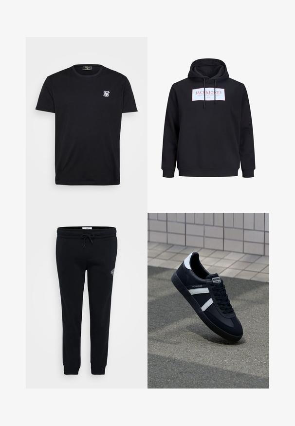 Musta huppari, jossa etuketjunnat ja valkoinen suorakaiteen muotoinen logo, jossa lukee punaisella tekstillä "JACK & JONES Creative Dept. Copenhagen ©1990".; Musta puuvillapaita lyhythihaisilla, pyöreällä kaula-aukolta ja pienellä valkoisella brodeeratulla logolla vasemmassa rinnassa. Yksinkertainen ja klassinen muotoilu.; Mustat collegehousut pehmeästä kankaasta, joissa on joustava vyötärö, nyöri, sivutaskut ja pieni logo-yksityiskohta lantiossa.; Mustat nahkakengät valkoisilla raidoilla, teksturoitu kumipohja ja nauha edessä. Varustettu merkkitarralla kielen päällä.