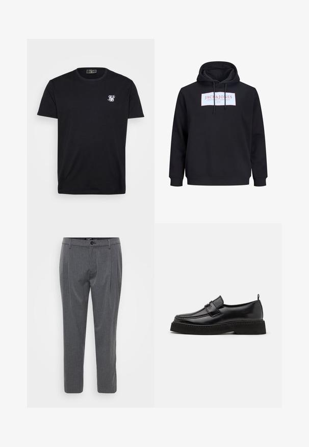 Schwarzer Hoodie mit vorderen Kordeln und einem weißen rechteckigen Logo mit der Aufschrift "JACK & JONES Creative Dept. Copenhagen ©1990" in rotem Text.; Schwarzes Baumwoll-T-Shirt mit kurzen Ärmeln, Rundhalsausschnitt und kleinem weißen gestickten Logo auf der linken Brust. Einfaches und klassisches Design.; Grau gestreifte Hose aus gewebtem Stoff, mit flachem Bund, Gürtelschlaufen und einem Knopfverschluss. Taillierter Schnitt und gesäumte Säume.; Schwarze Leder Slipper mit flacher, strukturiertem Sohlen, mit einer gestickten Zehenpartie und einem Riemen über dem Spann.