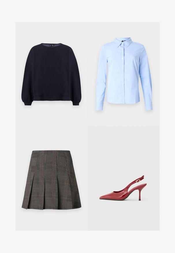 Marinblå sweatshirt med rund halsudskæring, drop shoulders og samlede manchetter. Glat tekstur med en afslappet pasform og ribbet kant.; Lyseblå skjorte med lange ærmer, diskrete hvide striber og spidse kraver, vist på en ensfarvet baggrund.; Gråternet nederdel med plisseringer, prydet med intrikate mønstre i sort og hvid, akkompagneret af tynde røde linjer. Fremstillet af et struktureret stof.; Røde patentlæder slingback-hæl med spids tå, slank stiletto hæl og et lille udskæringsdetalje på siden. Glat tekstur.